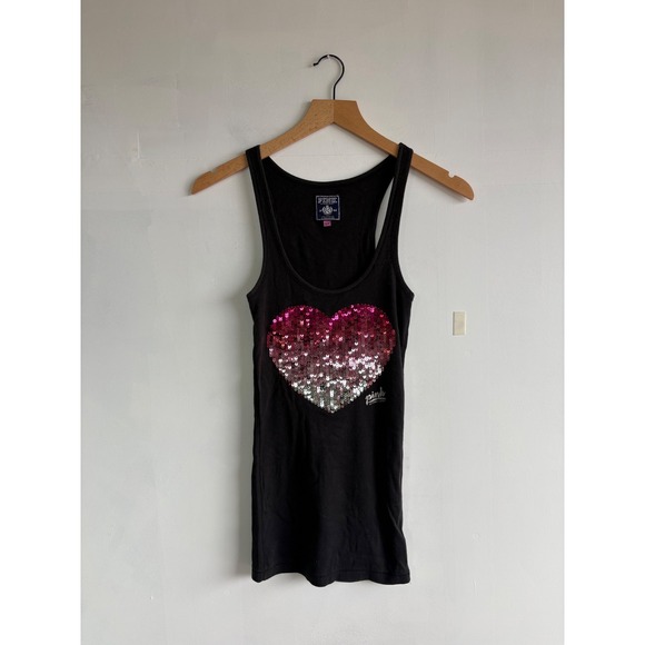 PINK Victoria's Secret Tops - Victoria's Secret PINK Vintage Y2K Sequin Heart Racerback Tank Black Ribbed S